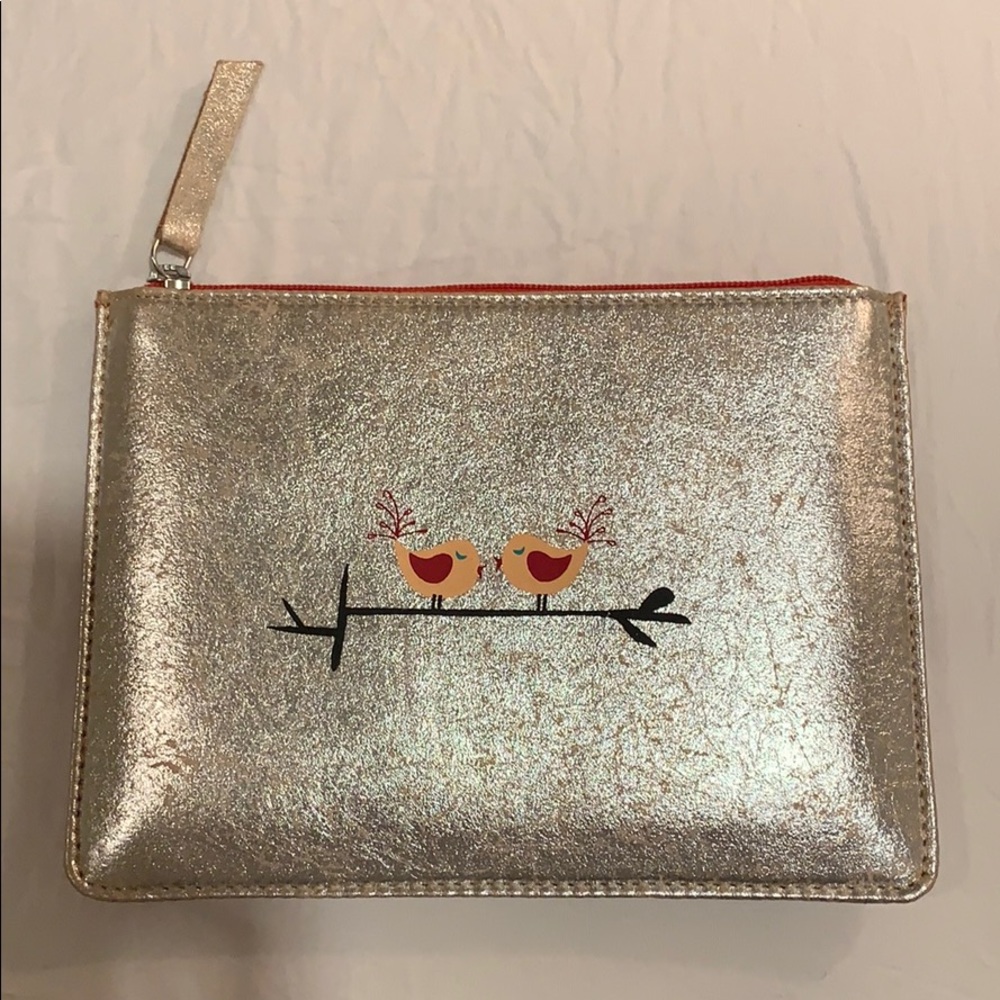 Metallic silver leather pouch. Lovebird design.